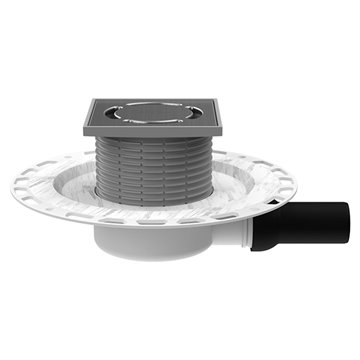 Scarico orizzontale a pavimento con sifone "Primus blue" e con flangia in plastica rivestita in vello