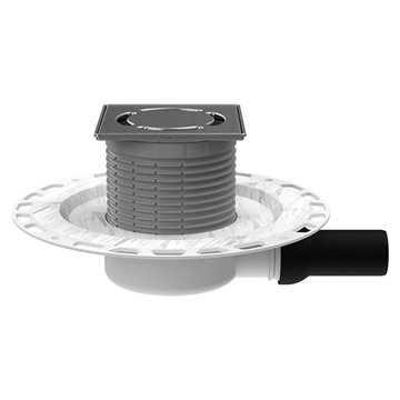 Scarico orizzontale a pavimento  con sifone "Primus blue" e con flangia in plastica rivestita in vello, cornice inox" Klick-Klac