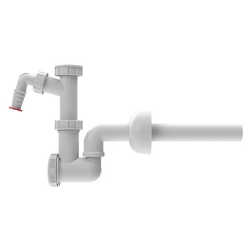 Sifone per lavabo DN32x5/4' con attacco lavatrice antiriflusso, bicchiere d'ispezione e rosone, gomito rotabile