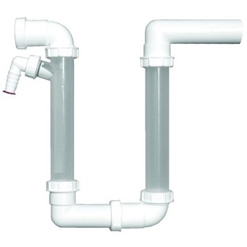 Sifone per scarico condensa DN40 con tubo trasparente troppopieno, attacco orizzontale, con rabbocco
