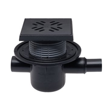 Pozzetto pavimento DN50, telaio portagriglia/griglia in ghisa 150x150mm/137x137mm, antiriflusso, entrata DN40/50