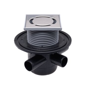 Pozzetto pavimento DN50 con 3 entrate DN40, antiriflusso, portagriglia 123x123mm, griglia inox 115x115mm