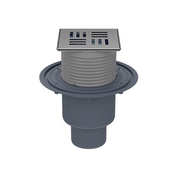 Pozzetto pavimento DN50/75/110, portagriglia con cornice/griglia inox "Nil" 121x121/115x115mm, antiodore estraibile, sistema "Kl