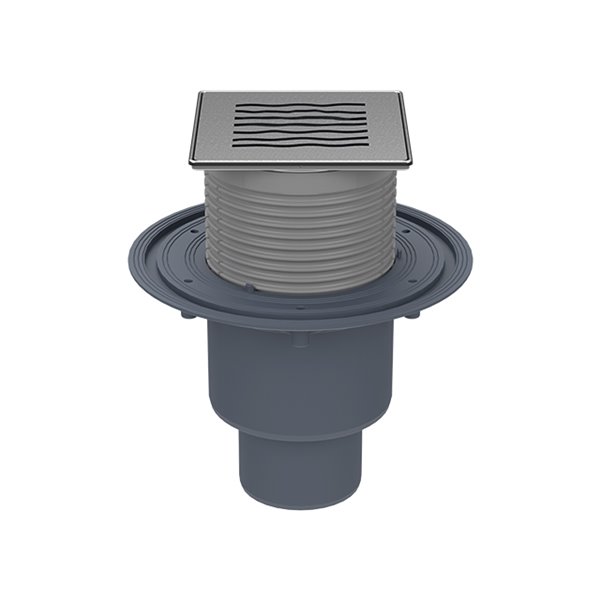 Pozzetto pavimento DN50/75/110, portagriglia con cornice/griglia inox "Orinoco" 121x121/115x115mm, antiodore "Primus blue", sist