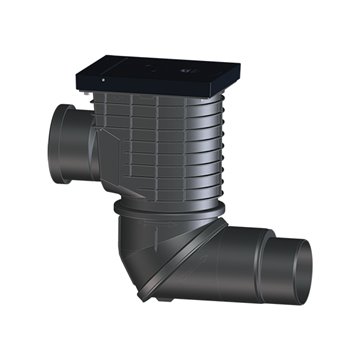 Scarico acqua piovana con ingresso orizzontale DN110  e uscita DN110/125 copertura in ghisa, snodo sferico,raccogli foglie, mani