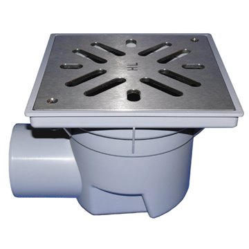 Scarico orizzontale 'Perfekt' DN110, portagriglia plastica 244x244mm, griglia inox 226x226mm, raccoglisporco, dispositivo antiod