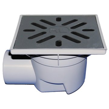 Scarico orizzontale 'Perfekt' DN110, portagriglia plastica 244x244mm, griglia ghisa 226x226mm, raccoglisporco, dispositivo antio