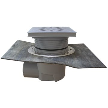 Scarico orizzontale 'Perfekt' DN110, foglio bitumato saldato, portagriglia plastica 240x240mm, griglia inox 226x226mm, raccoglis