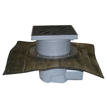 Scarico orizzontale 'Perfekt' DN110, foglio bitumato saldato, portagriglia plastica 240x240mm, griglia ghisa 226x226mm, raccogli