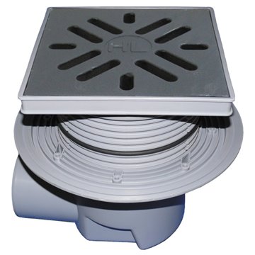 Scarico orizzontale 'Perfekt' DN110, flangiato, portagriglia plastica 240x240mm, griglia ghisa 226x226mm, raccoglisporco, dispos