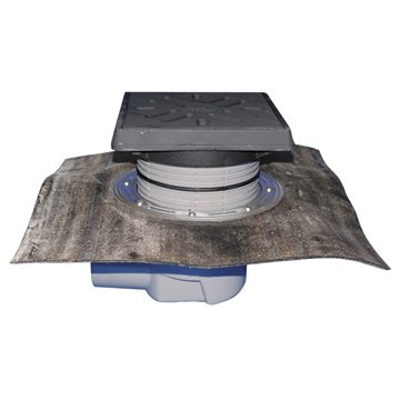 Scarico orizzontale 'Perfekt' DN110, foglio bitumato saldato, portagriglia telaio/griglia ghisa 260x260mm/226x226mm, raccoglispo