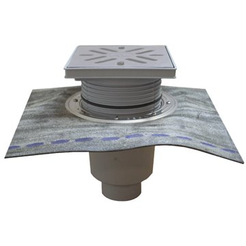 Scarico verticale 'Perfekt' DN160, foglio bitumato saldato, portagriglia plastica 244x244mm, griglia inox 226x226mm, raccoglispo