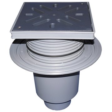 Scarico verticale 'Perfekt' DN160, flangiato, portagriglia/griglia plastica 244x244mm/226x226mm, raccoglisporco, dispositivo ant