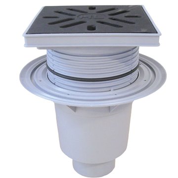 Scarico verticale 'Perfekt' DN110, flangiato, portagriglia plastica 244x244mm, griglia ghisa 226x226mm, raccoglisporco, disposit