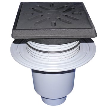 Scarico verticale 'Perfekt' DN110, flangiato, portagriglia telaio/griglia ghisa 260x260mm/226x226mm, raccoglisporco, dispositivo