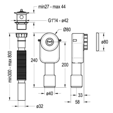 Kit di scarico per lavabo con piletta, sifone da incasso e tubo corrugato in plastica 1“1/4