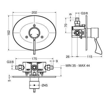 Miscelatore termostatico progressivo da incasso a parete serie 900, modello 900.42