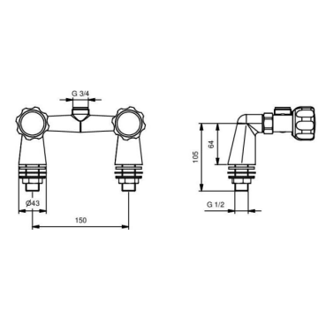 Miscelatore biforo con squadrette per installazione su piano con vitoni a dischi ceramici e comando con maniglie uscita 3/4“