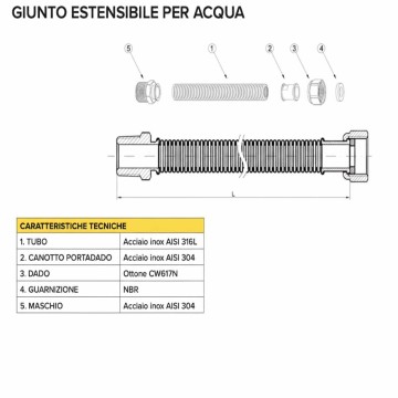 Giunto estensibile acqua 1/2"x3/4" MF 90–130 mm inox ottone NBR
