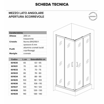 Parete doccia Lofty L65 H200 cristallo 6 mm EN12150-1 cromata